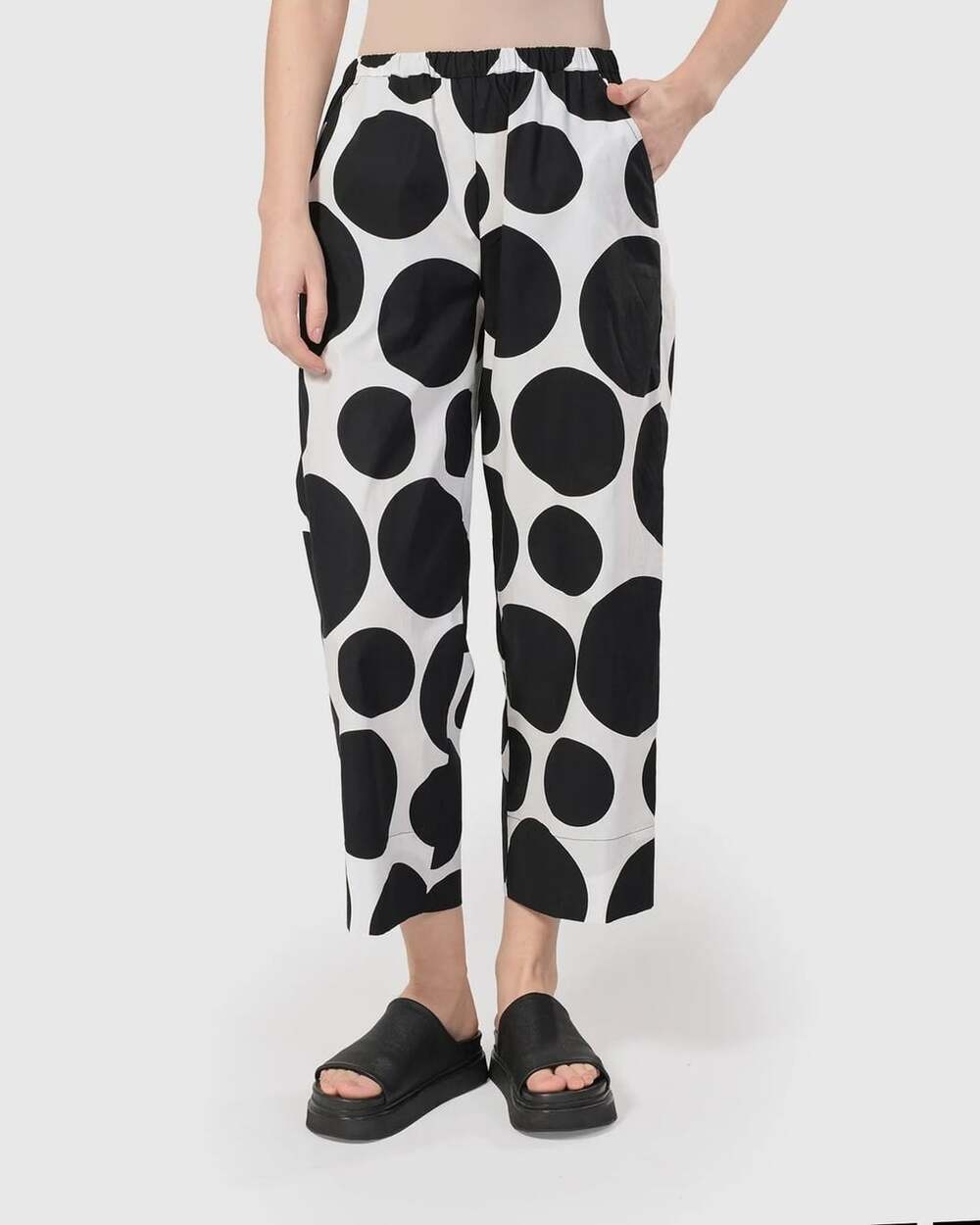 Alembika Women L Polka Dot Pant Solo Cropped Black White Cotton High Waisted